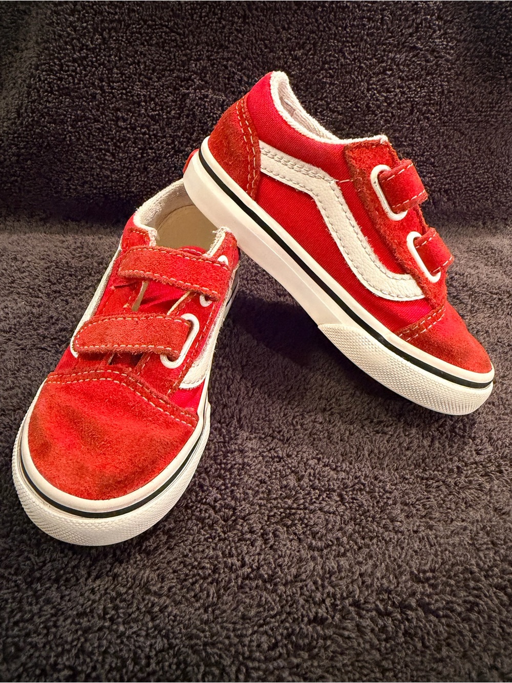 Vans Kids Red Velcro Skate Shoes with White Stripe